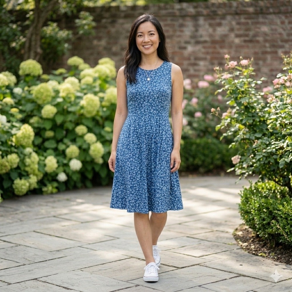 Style & Co Womens Blue Floral Sleeveless Fit‎ & Flare Dress Petite P Crew Neck